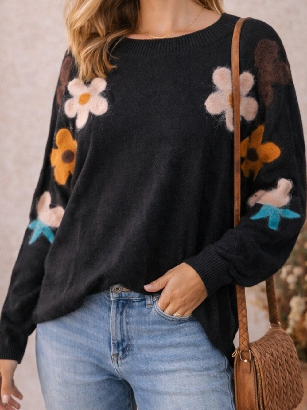 Aaeda Floral Appliqué Sweater Size M Black Fuzzy Flower Sleeve Cozy Knit